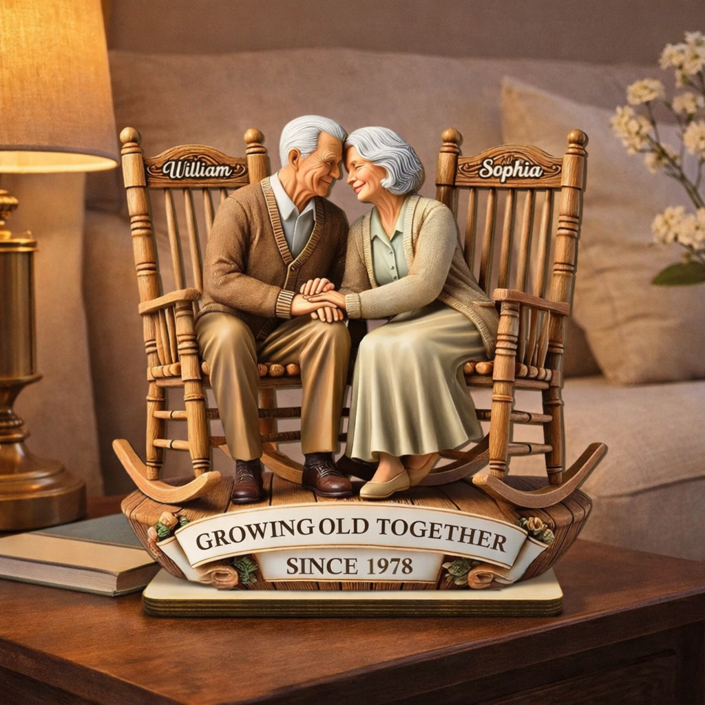 Old Couple Sitting On Rocking Chairs Together - Personalized Wooden Plaque - Gift For Couple, Anniversary Gift