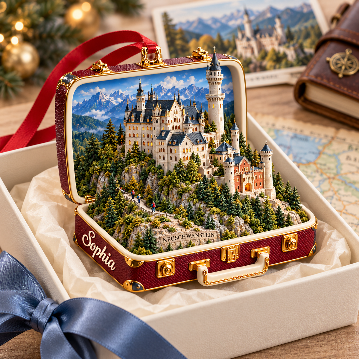 Personalized 3D Neuschwanstein Castle Suitcase Christmas Ornament – Bavaria Germany Travel Souvenir & Gift for Germany Lovers 99b57131-357c-4c31-8e4e-fff50174d399-Neuschwanstein-Keepsake-in-Ivory-Gift-Box-3.png