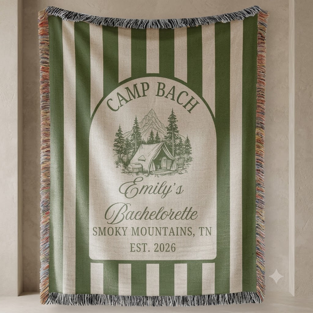 Custom Camp Bachelorette Woven Blanket, Glamping Weekend Decor, Bach Party Gift