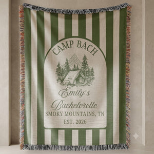 Custom Camp Bachelorette Woven Blanket, Glamping Weekend Decor, Bach Party Gift