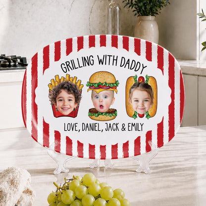 Custom Dad's Grilling Platter with Kids Faces: Father's Day Gift From Kids, Striped Grilling Plate for Kitchen Decoration, Funny Daddy Gift