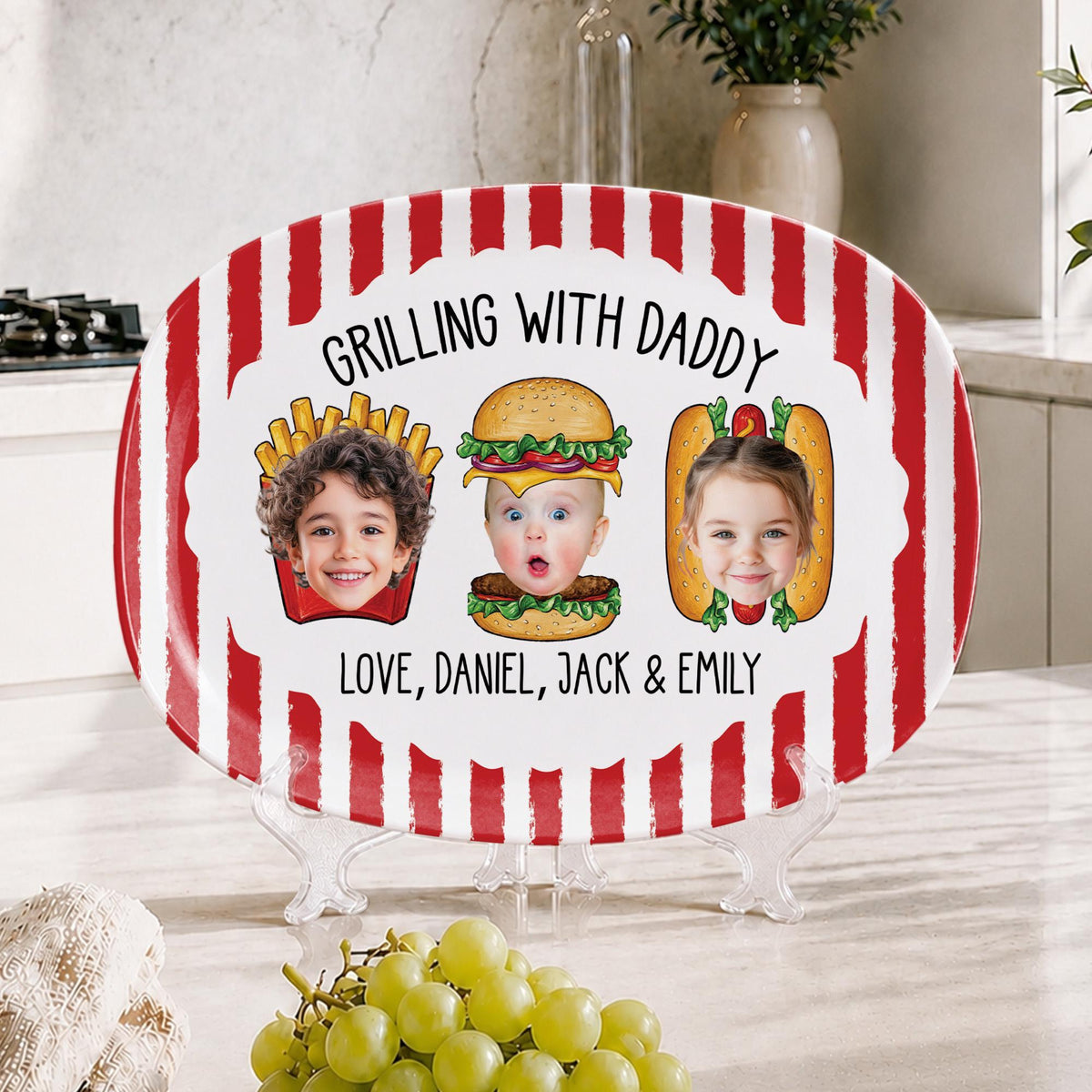 Custom Dad's Grilling Platter with Kids Faces: Father's Day Gift From Kids, Striped Grilling Plate for Kitchen Decoration, Funny Daddy Gift