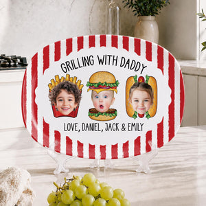 Custom Dad's Grilling Platter with Kids Faces: Father's Day Gift From Kids, Striped Grilling Plate for Kitchen Decoration, Funny Daddy Gift