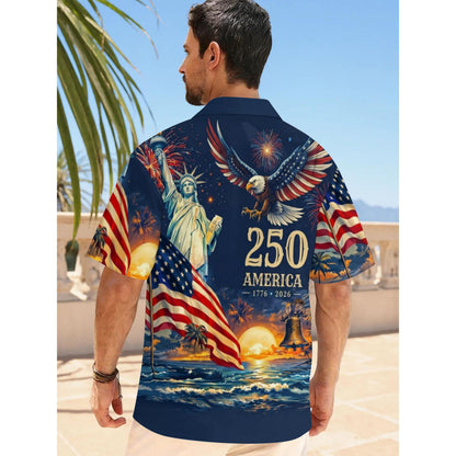 Men's Hawaiian Shirt America's Freedom 250th Anniversary,1776-2026 Patriotic Short Sleeve Button Down Vintage Shirt,United States 250 Years