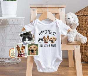 Custom Protected by Pets , Upload Photo Dogs and Cats, Personalized Baby Shower Gift, Baby Girl, Baby Boy Bodysuit