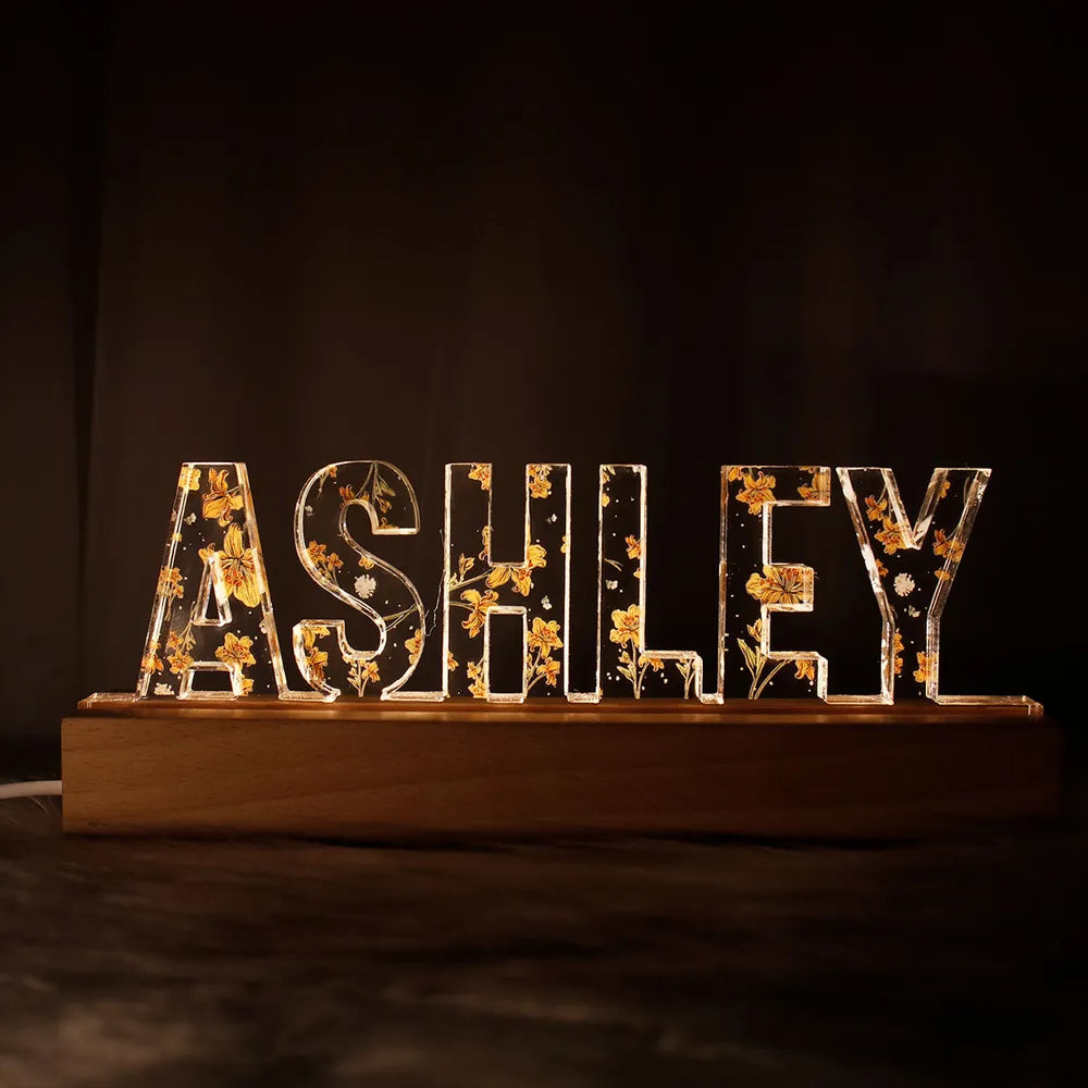 Custom Flower Printed LED Night Light, Birth Month Flower, Custom Name, Gift For Her