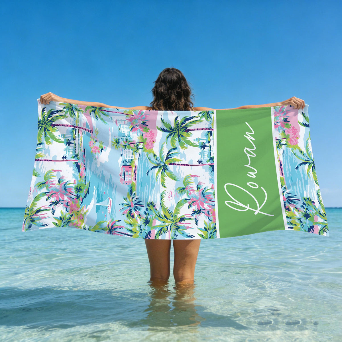 Custom Palm Tree Tropical Beach Towel, Custom Name Birthday Party Pool Towel, Bachelor Bath Towel, Vacation Gift for Girls, Beach Lover's Gifts