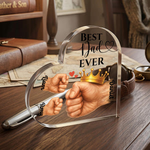 Personalized Father and Kids Fists Acrylic Heart Block, Custom Fathers Day Gift for Dad, Best Dad Ever Keepsake, Dad's Office Desk Decor