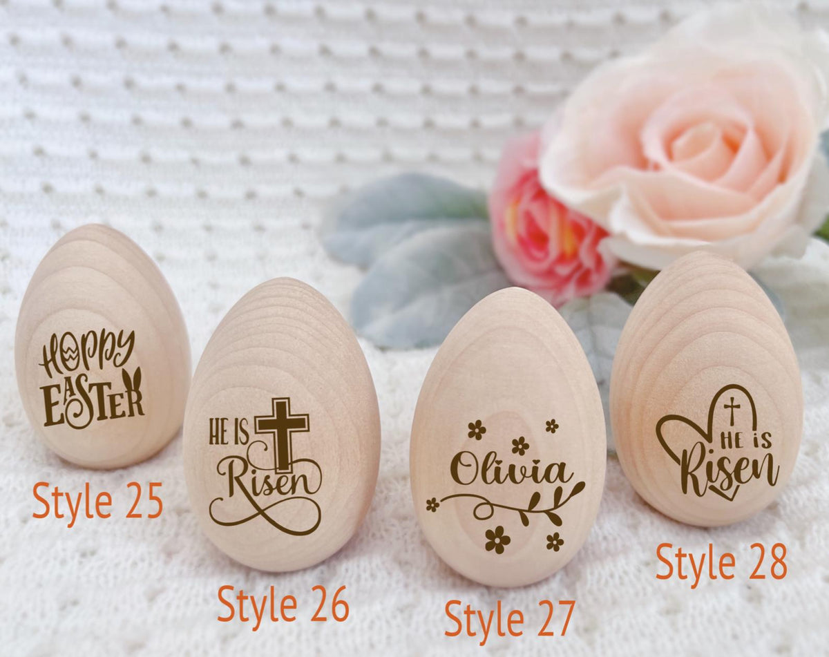 Personalized Engraved Wooden Egg for Easter Egg Basket, Easter egg table setting, Easter tray Easter Christian decor, He is risen