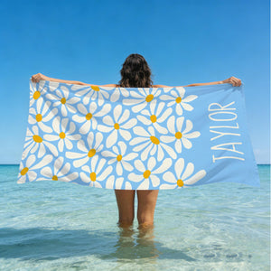Personalized Daisy Floral Beach Towel, Custom Name Pool Towel for Girls, Bithday Party Gift For Kids, Tropical Vacation Gift, Beach Lover's Gift