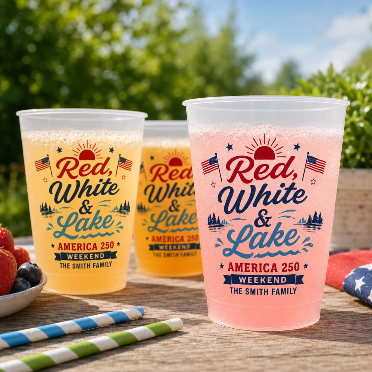 Red White and Lake Plastic Cups, Personalized Lake Weekend Stadium Cups, Custom America 250 Family Party Favors