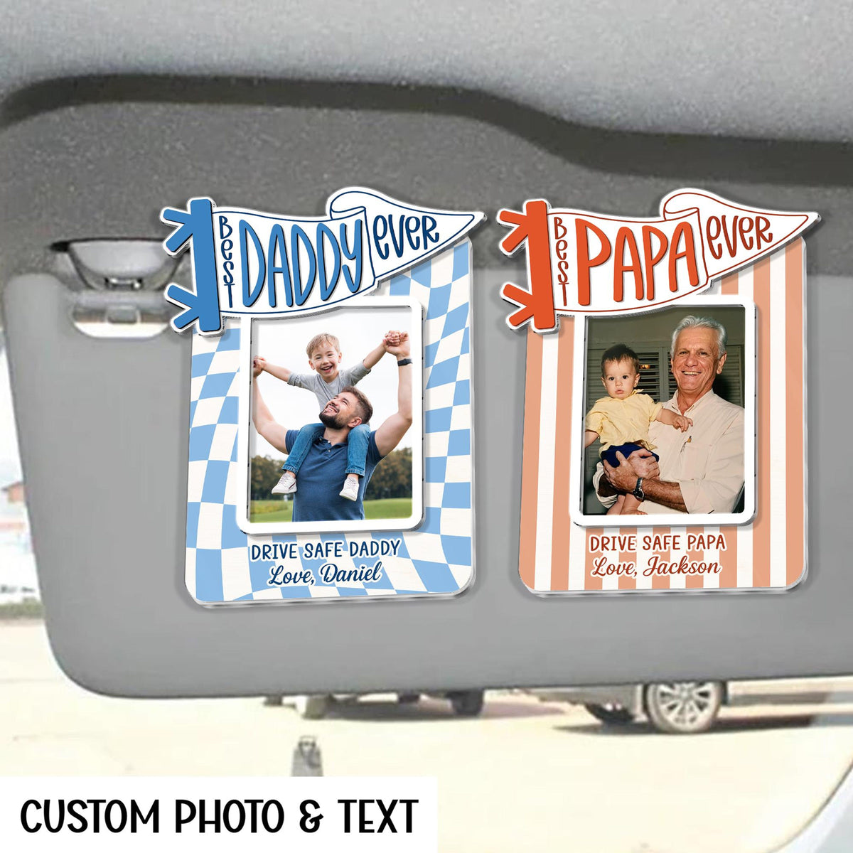 Personalized Best Dad Ever Sun Visor Clip Picture Frame, Custom Photo Car Visor Clip for Dad, Drive Safe Daddy Gifts, First Fathers Day Gift