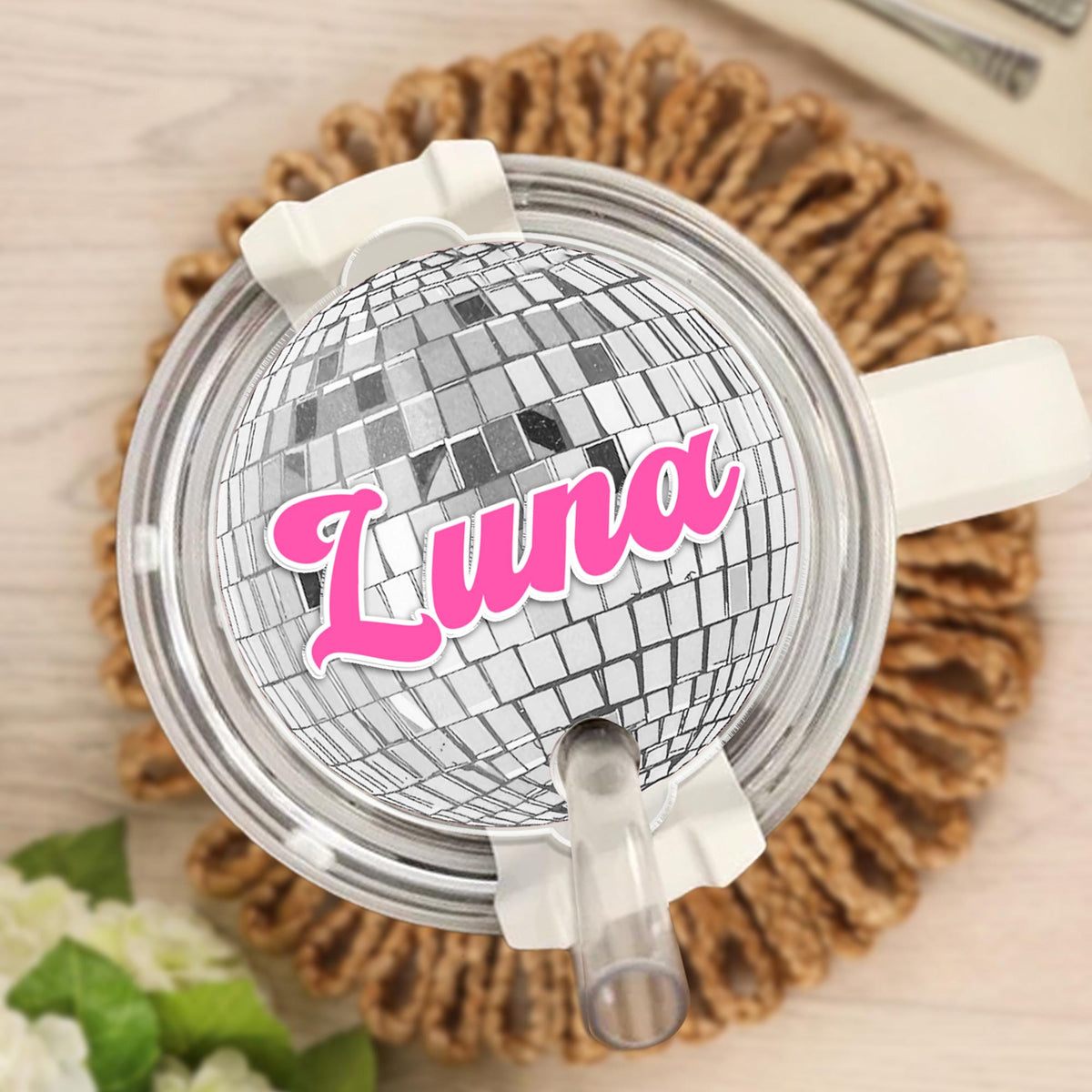 Personalized Disco Ball Tumbler Name Tag, Tumbler Plate Topper, Custom Name Tumbler Tag For Her