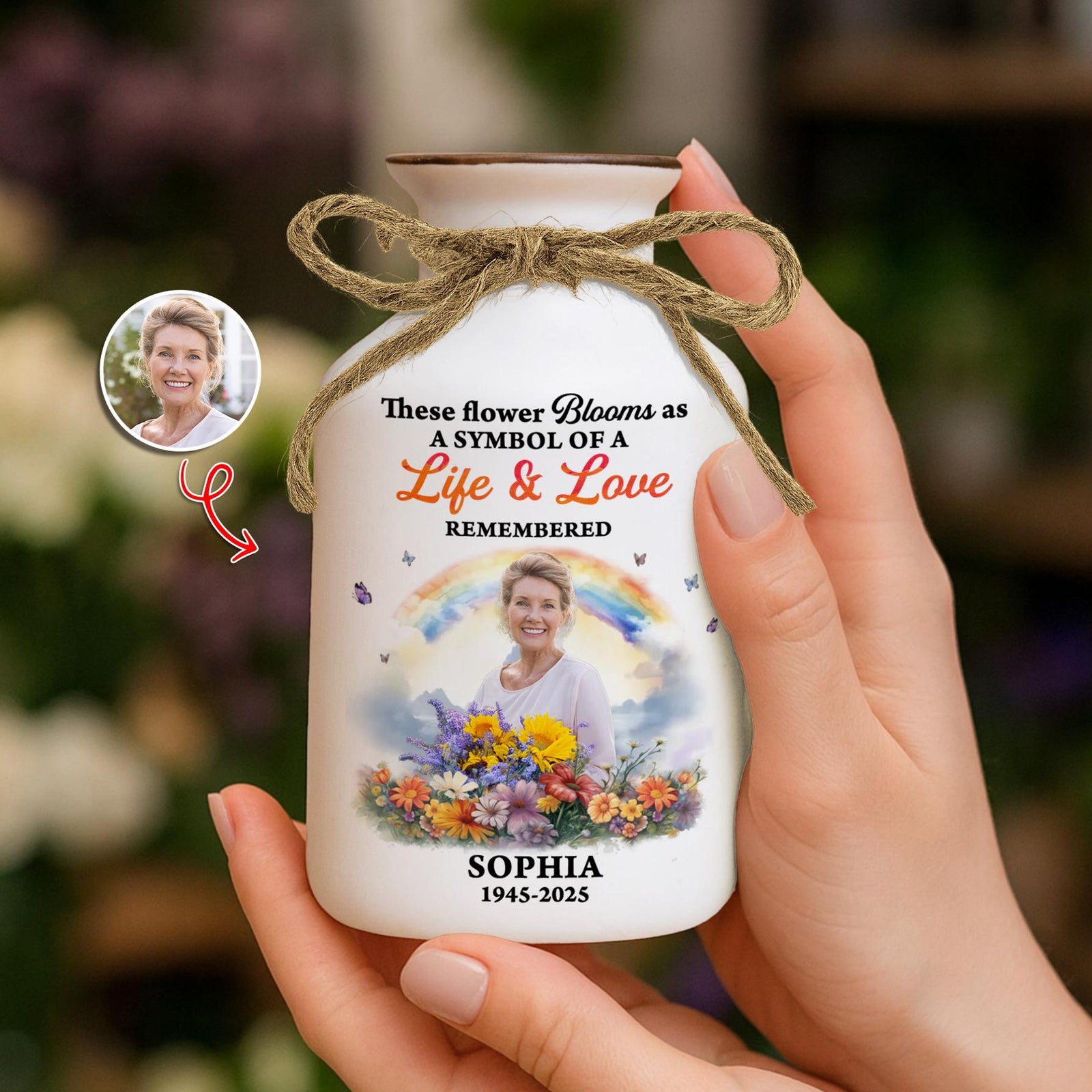 Rainbow Memorial Vase, Personalized Photo Vase, Sympathy Gift, In Loving Memory, Remembrance Gift for Loss of Loved One, Grief Gift