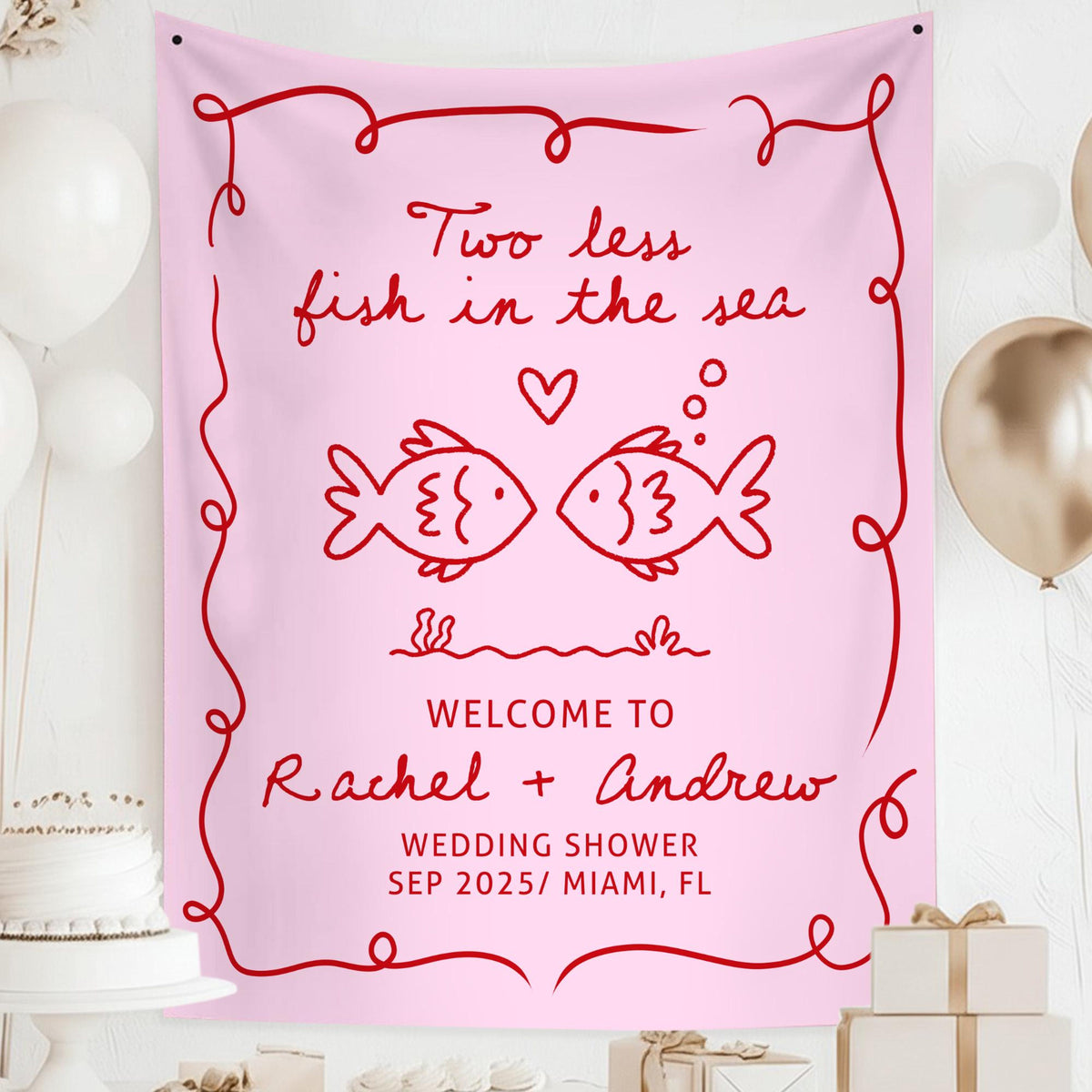 Personalized Bachelorette Party Decor, Custom Two Less Fish In The Sea Bachelorette Party Banner Fishing Couples Bachelorette Party Backdrop