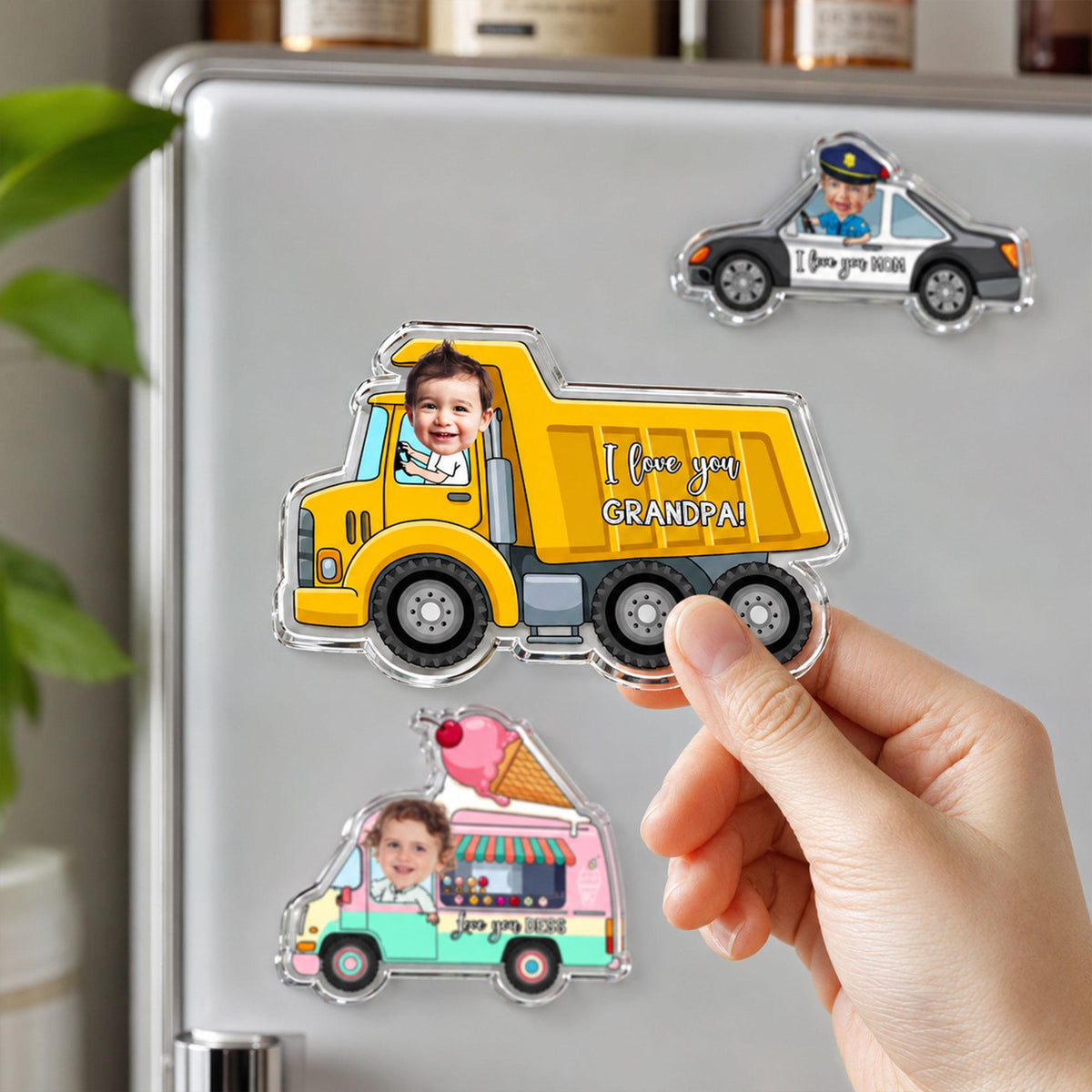 Personalized Kid Ride on Vehicle Fridge Magnet: Custom Baby Face Car Magnet, Best Gift for Dad, Mom, Gradma, Grandpa