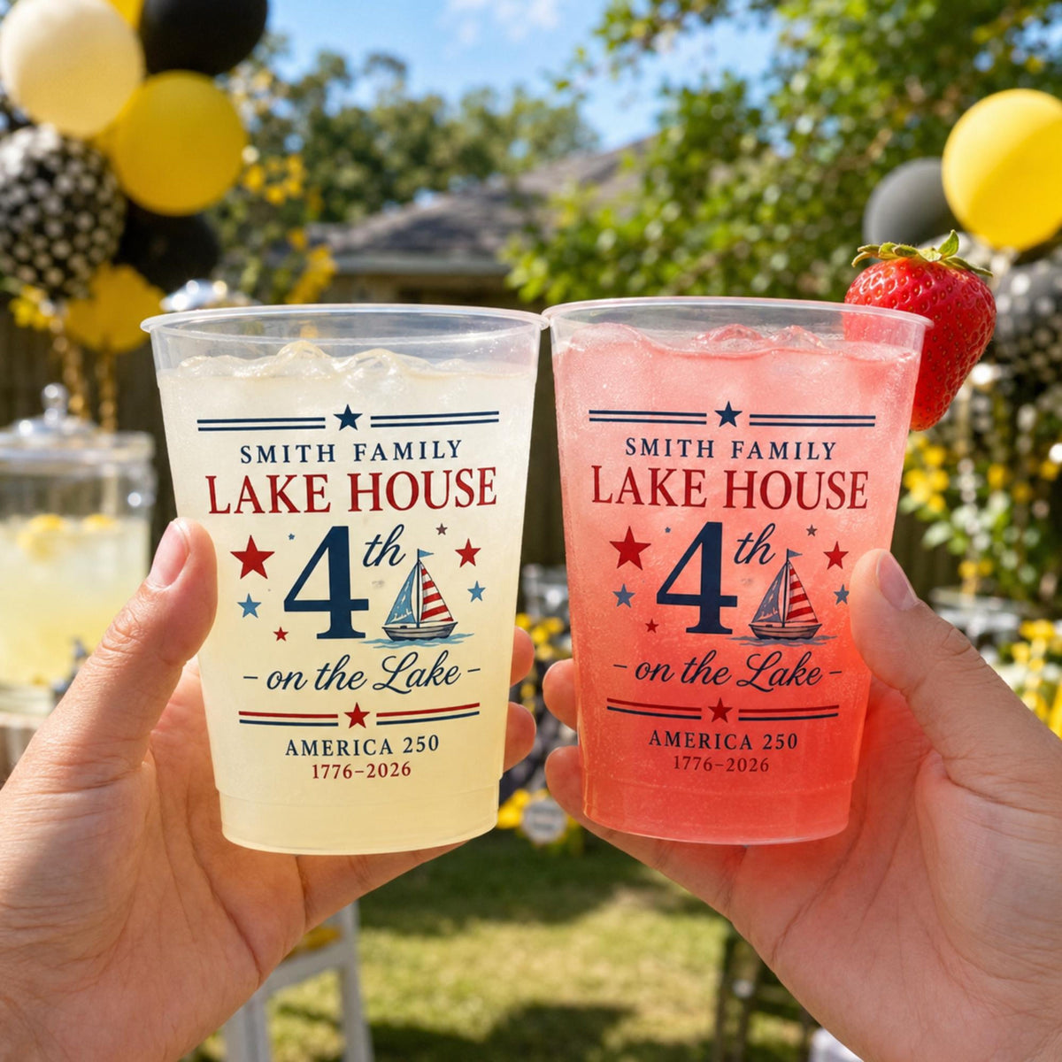 Personalized Lake House Plastic Cups, Custom 4th of July Cups, America 250 Family Lake Party Cups, Patriotic Plastic Cups
