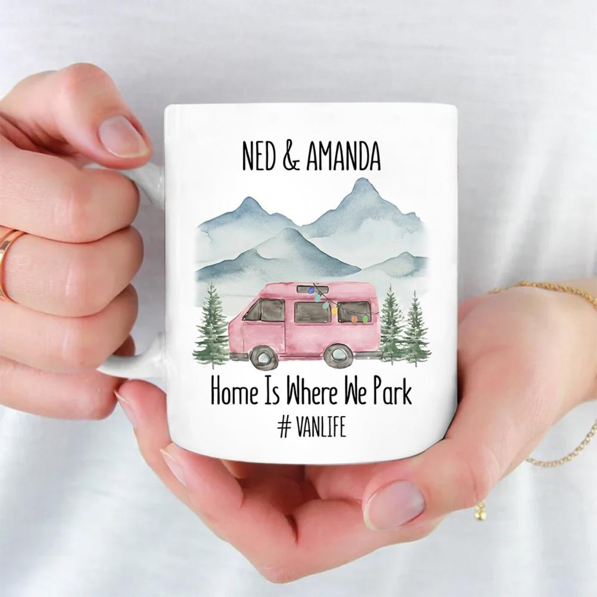Personalized Happy Camper Mugs, Couple Camping Mugs, Van Life Mugs, Custom Names Couple Mugs, His And Hers, Home Is Where We Park Retro Van