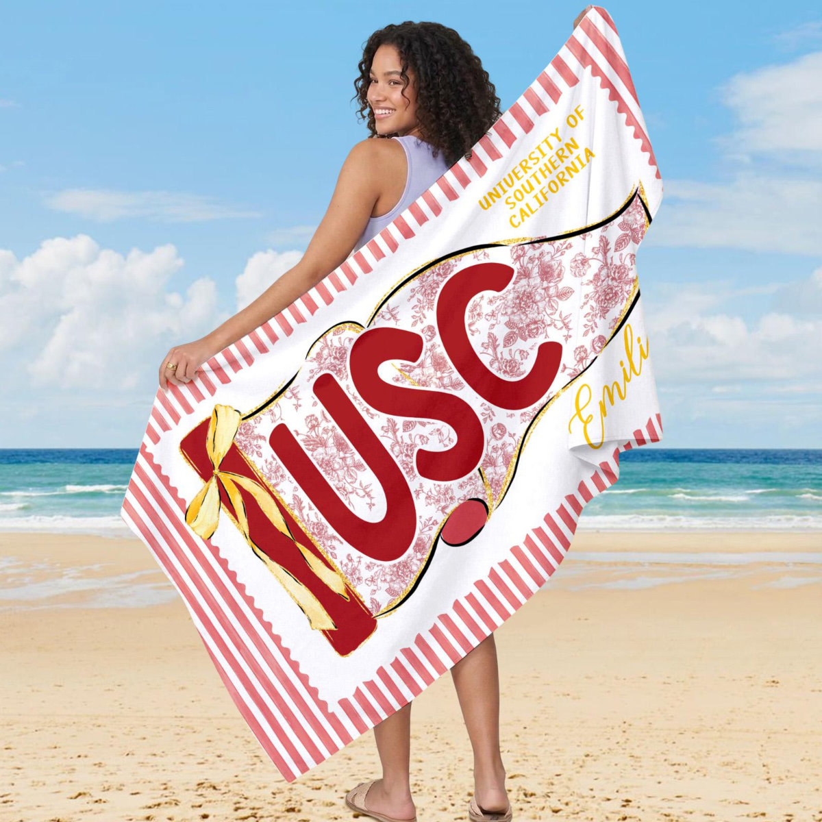 Personalized School Spirit Beach Towel: Coquette College Pennant Flag Towel, Grandmillennial Striped Towel, Sorority Girls Graduation Gift