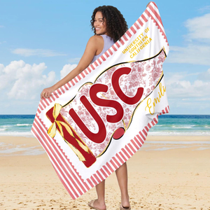 Personalized School Spirit Beach Towel: Coquette College Pennant Flag Towel, Grandmillennial Striped Towel, Sorority Girls Graduation Gift