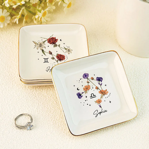 Zodiac Sign Birth Month Flower - Personalized Jewelry Plate - Gift For Mother, Daughter, Sister, Family