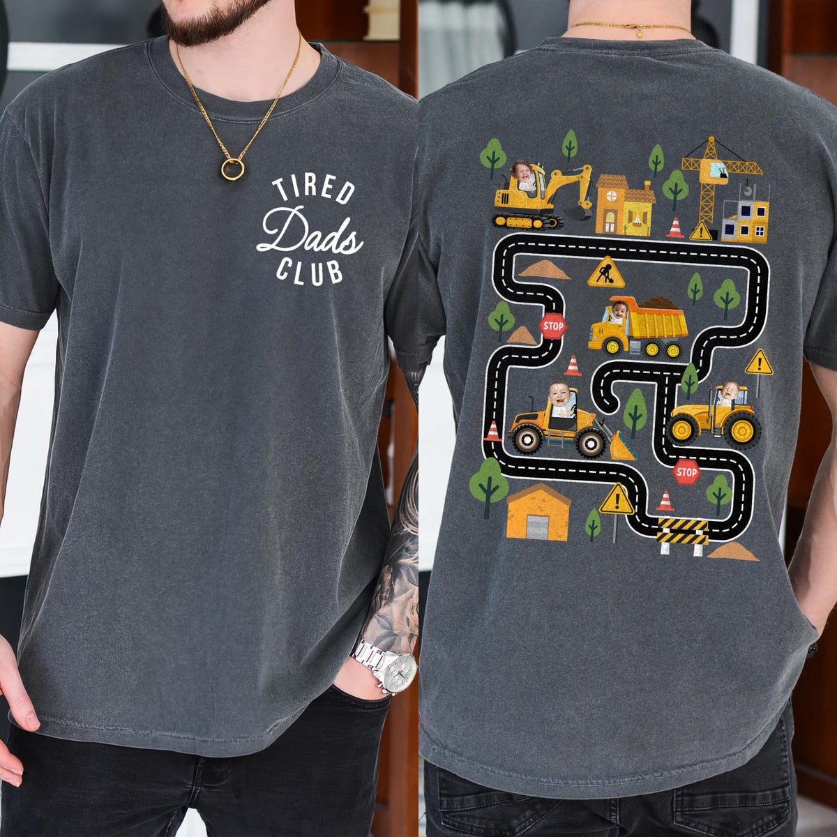 Personalized Tired Dad Club Construction Car Road Map Shirt, Custom Kids Face Dad Shirt, Gift For Dad From Son, Fathers Day Gift for Husband