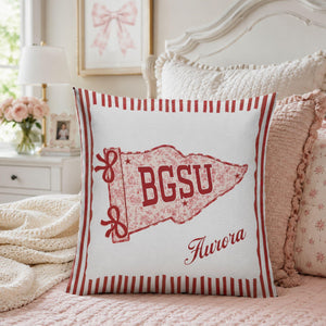 Personalized College Pillow, Custom Name Dorm Decor, Preppy Pennant Pillow, Floral Bow Pillow, Graduation Gift, College Bound Gift