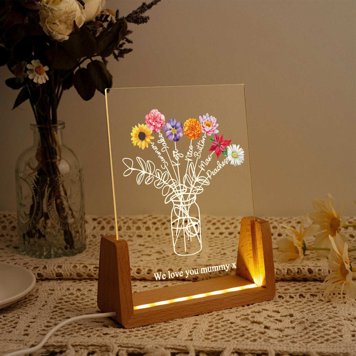 Custom Family Bouquet Night Light, Mothers Day Gift, Mum's Bunch with Kids Name, Birth Flower Lamp, Gift for Mom/Grandma, Mother's Day Gift