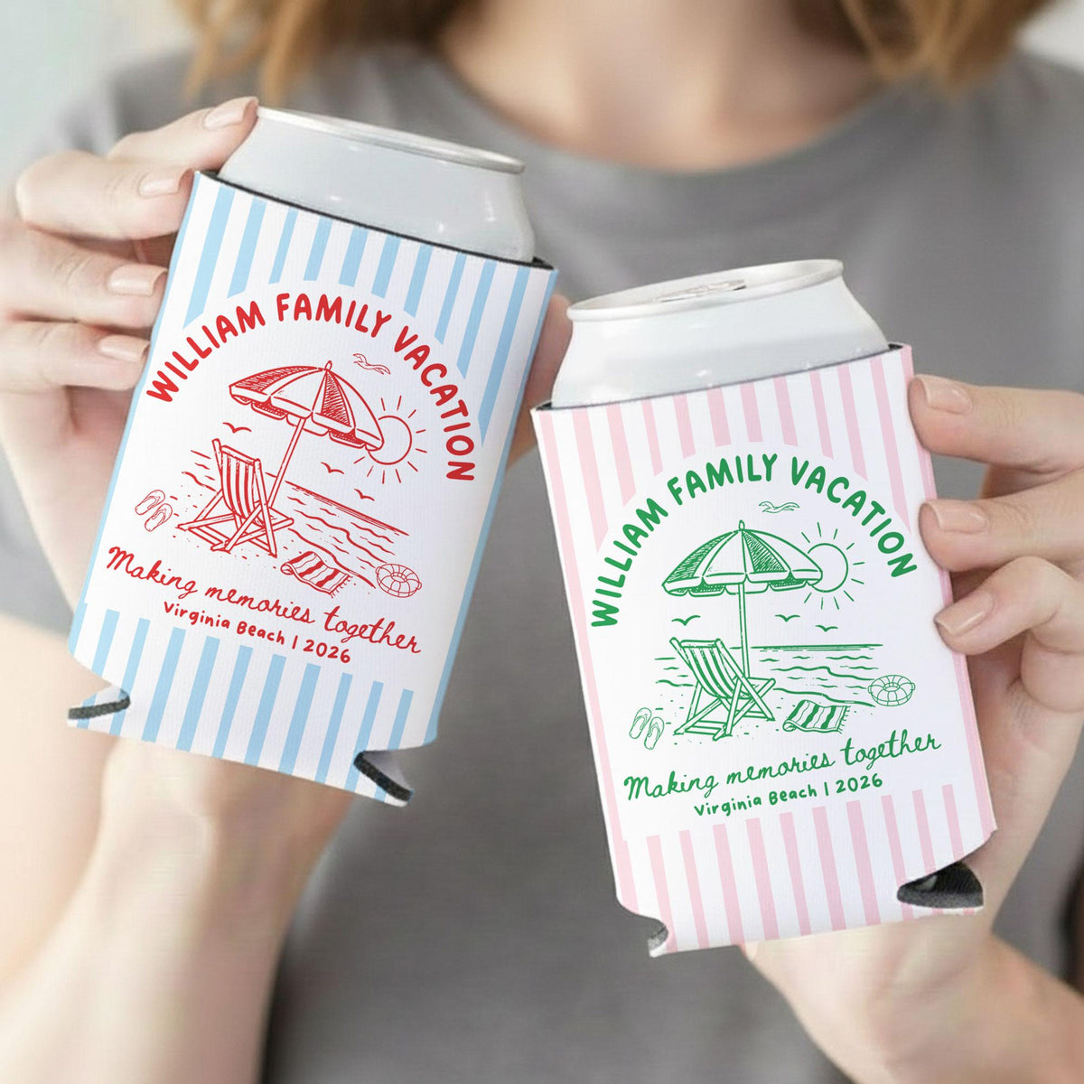 Custom Beach Family Vacation Can Coolers, Personalized Family Reunion Beer Huggers, Matching Coastal Vacation Gift, Family Summer Vacation