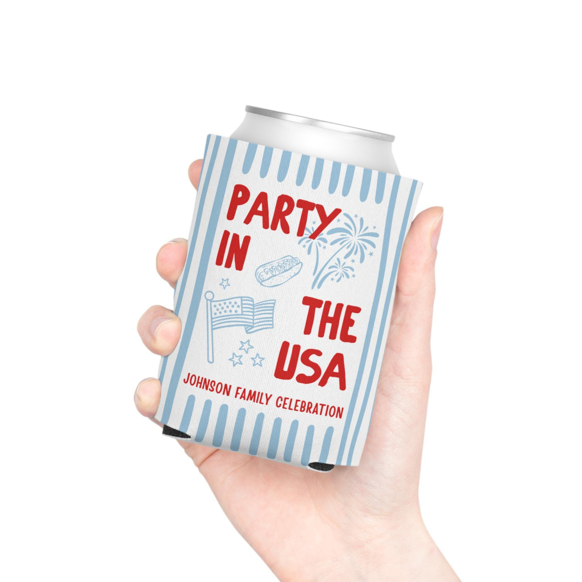 Custom Party in the USA Can Cozie, Personalized 4th of July Family BBQ Party Favor, Patriotic USA 250 Drink Sleeve