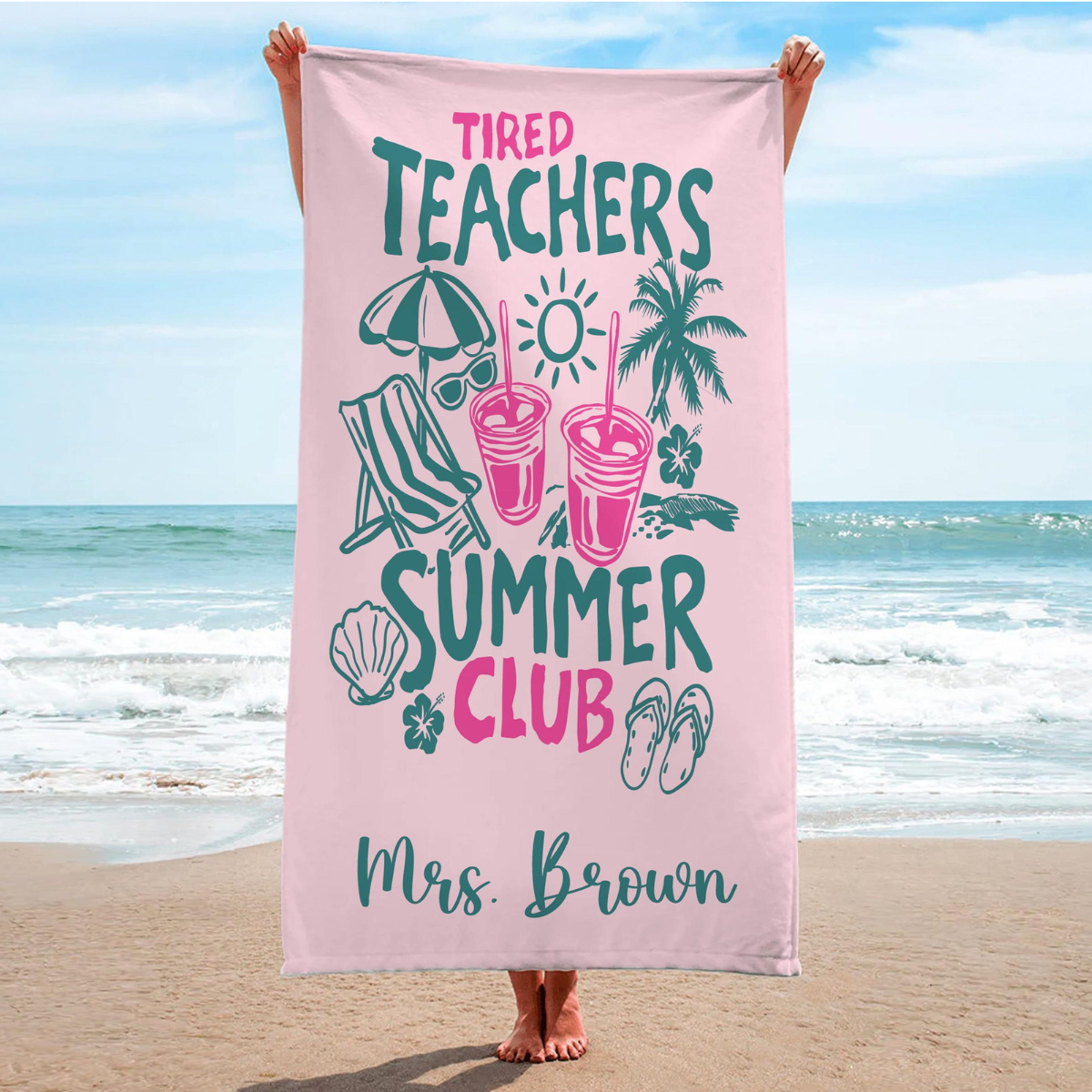 Tired Teachers Summer Club Beach Towel, Custom Name Towel, Summer Gift For Teacher