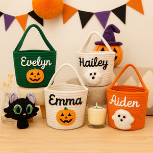Custom Halloween Candy Basket Name Embroidery, Trick or Treat Tote Bag, Kids Pumpkin Bucket, Soft Rope Halloween Decor Bag, Halloween Gifts