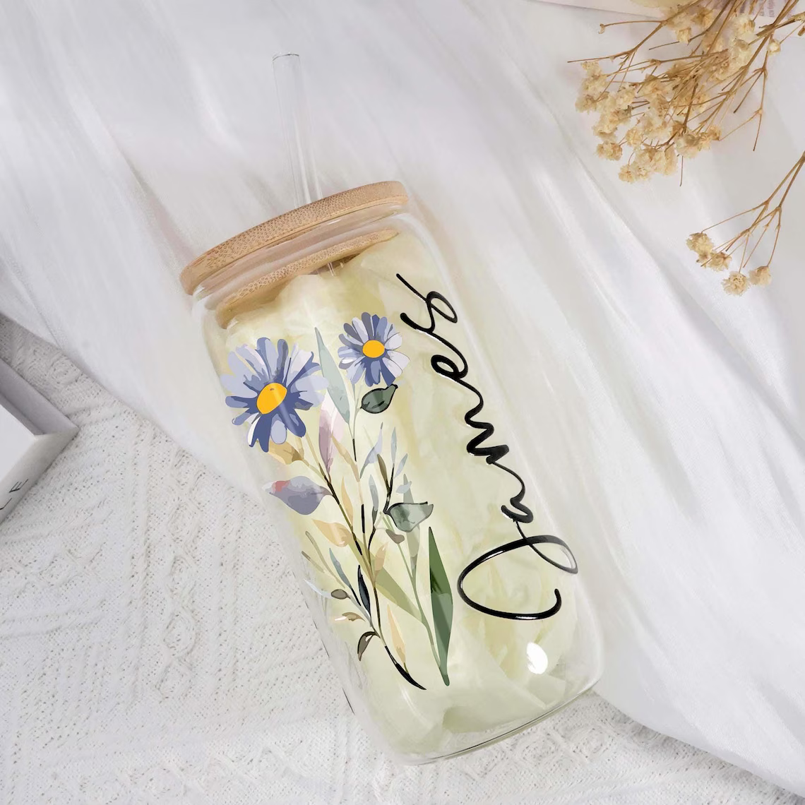 Custom Birth Flower Iced Coffee Tumbler, Personalized Floral Can Glass, Birthday Gift For Her
