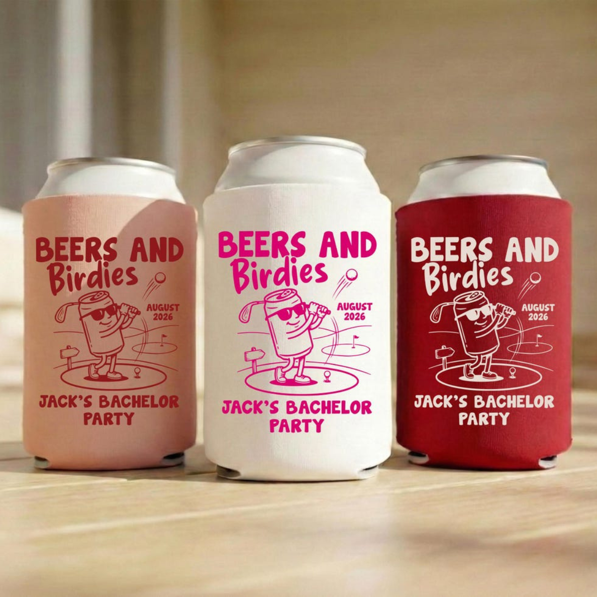 Beers and Birdies Can Cooler, Golf Party Favor, Custom Name Drink Sleeve, Golf Theme Gift, Groomsmen Party Favor, Bachelor Trip Gift