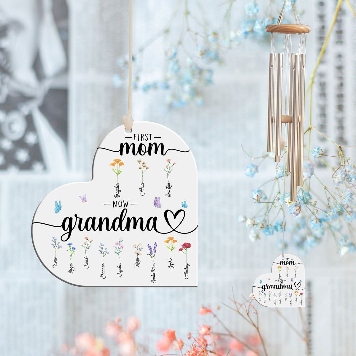 First Mom Now Grandma Custom Birth Month Flower - Personalized Windchime - Gift For Grandma, Mother's Day, Birthday Gift
