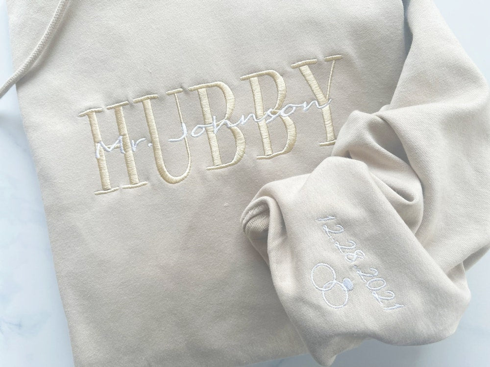 Personalized Embroidered Wifey Hubby Sweatshirt, Custom Last Name Bridal Crewneck, Gift For Couple Matching Hoodie