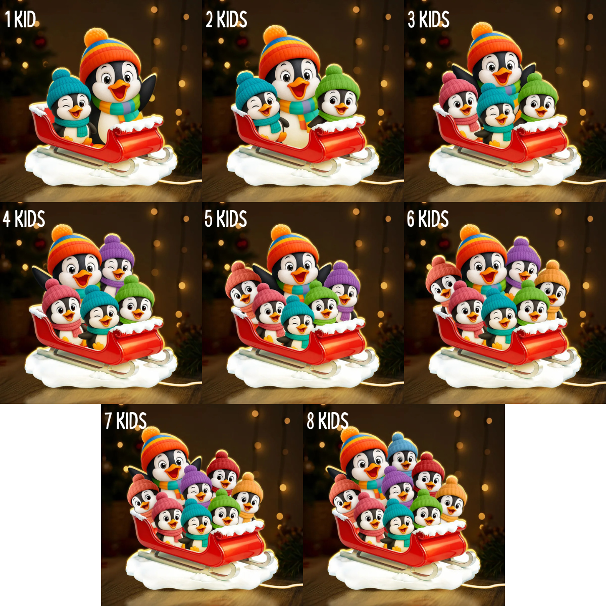 3D Effect Cute Grandma Grandkids Penguin On Sleigh - Personalized Acrylic Light Box - Christmas Gift For Grandma