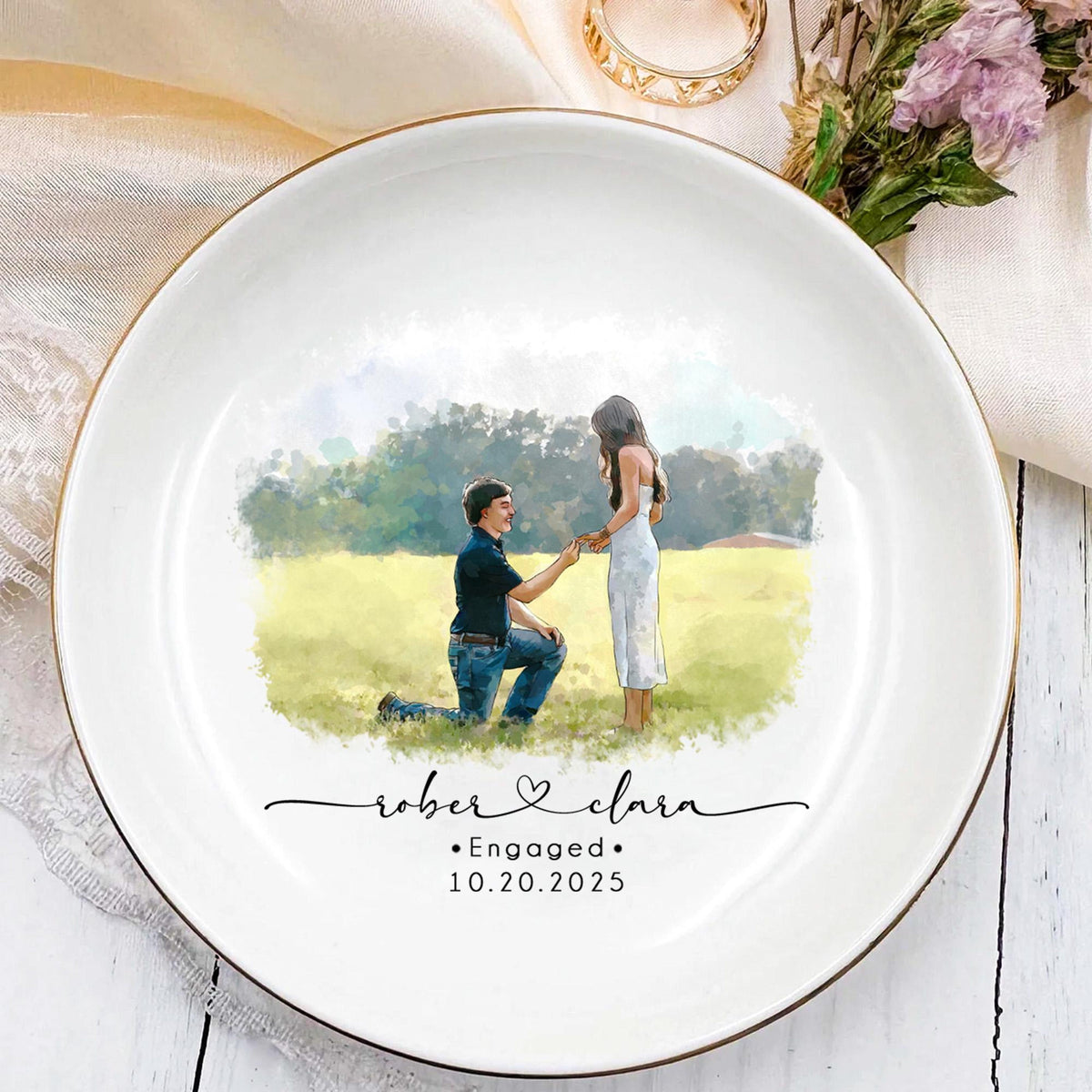 Custom Couple Portrait Ring Dish, Engagement Gift, Engaged Jewelry Tray, Handmade Personalized Couple Photo Ring Holder, Engagement Keepsake