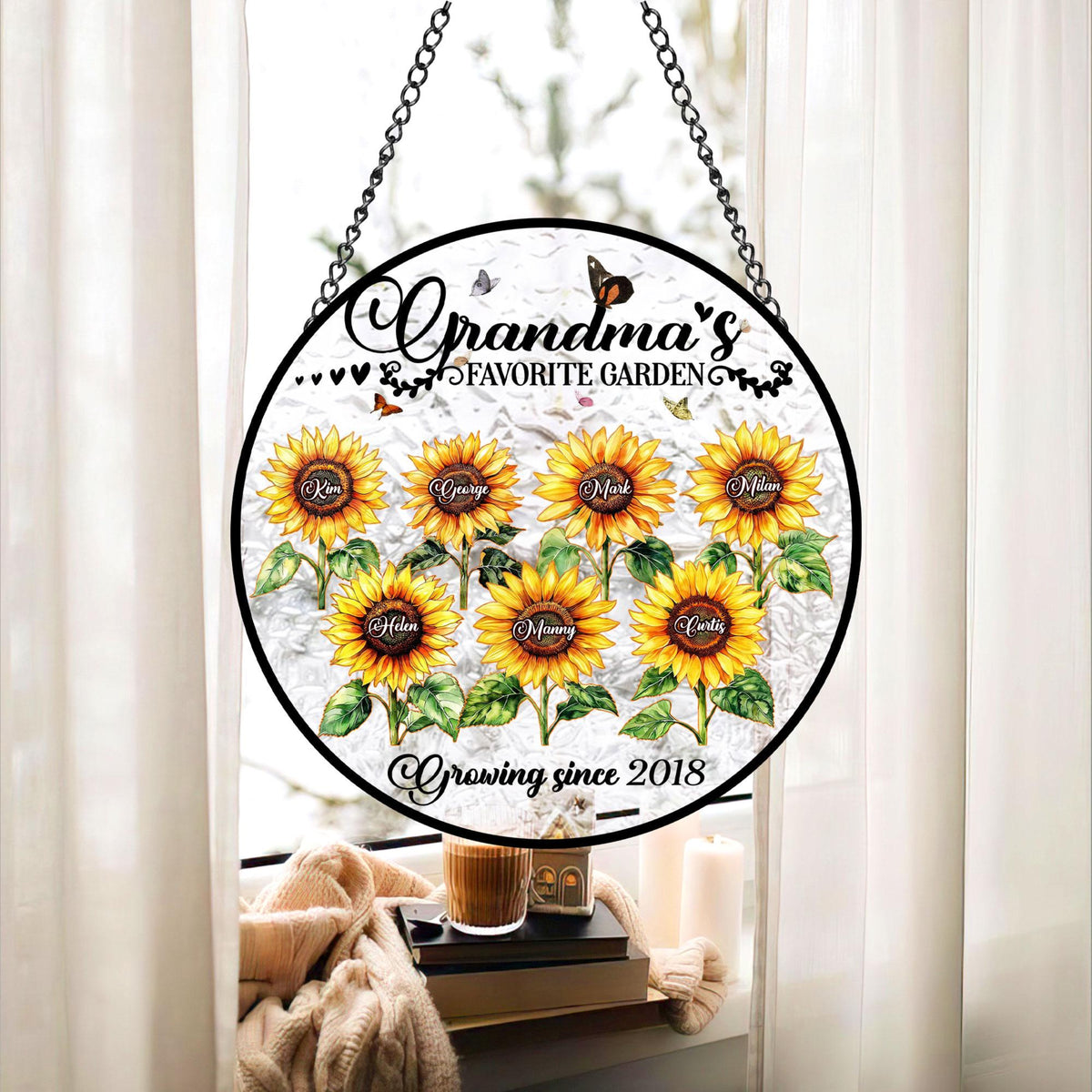 Grandma's Favorite Sunflowers - Personalized Stained Glass Suncatcher - Gift For Grandma, Mother's Day Gift