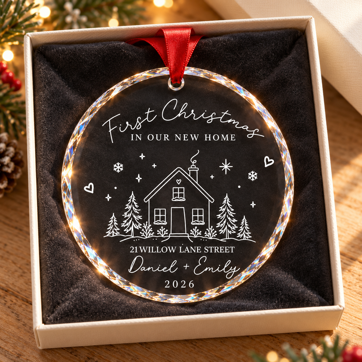 Personalized First Christmas Home Glass Ornament, Minimalist House Keepsake 9a6de6a7-f6ad-4c8d-af01-119b59eb2a83-banner-3.png
