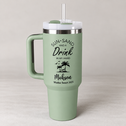 Personalized Beach Tumbler for Girl's Trip, Custom Vacation 40 oz Tumblers, Girls Weekend Gift, Laser Engraved Cups, Stainless Steel Mug 9b06df63-01ca-426f-92e4-4a29c038f263-Sage_Green_Beachfront_Travel_Tumbler.png