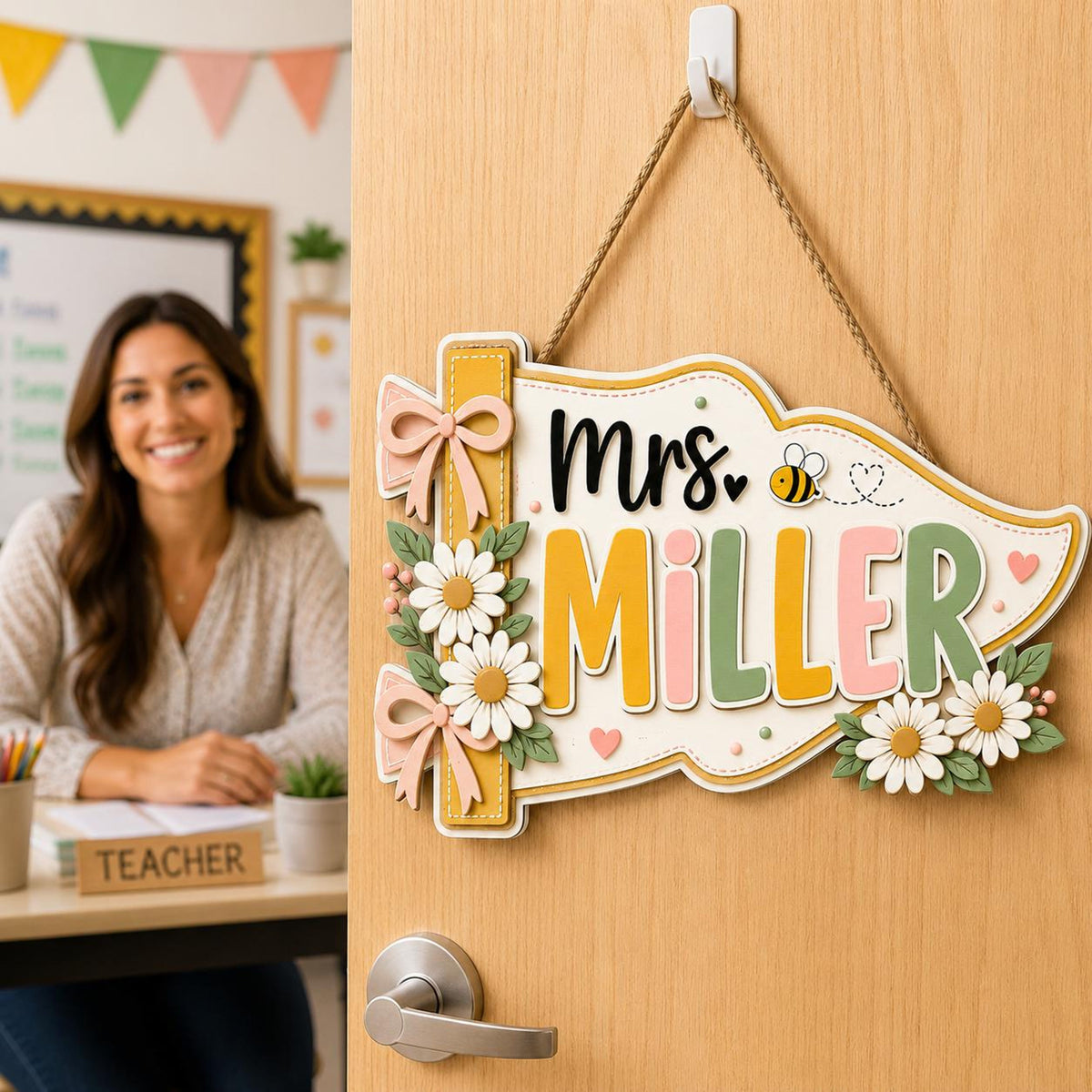 Personalized Teacher Pennant Sign with Daisies, Bow, Flag Name Sign, Custom 3D Wooden Teacher Door Sign, Classroom Decor, New Teacher Gift 9b961a36-a436-4df2-9b81-ad980acb1428-5.jpg