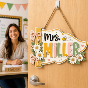 Personalized Teacher Pennant Sign with Daisies, Bow, Flag Name Sign, Custom 3D Wooden Teacher Door Sign, Classroom Decor, New Teacher Gift 9b961a36-a436-4df2-9b81-ad980acb1428-5.jpg