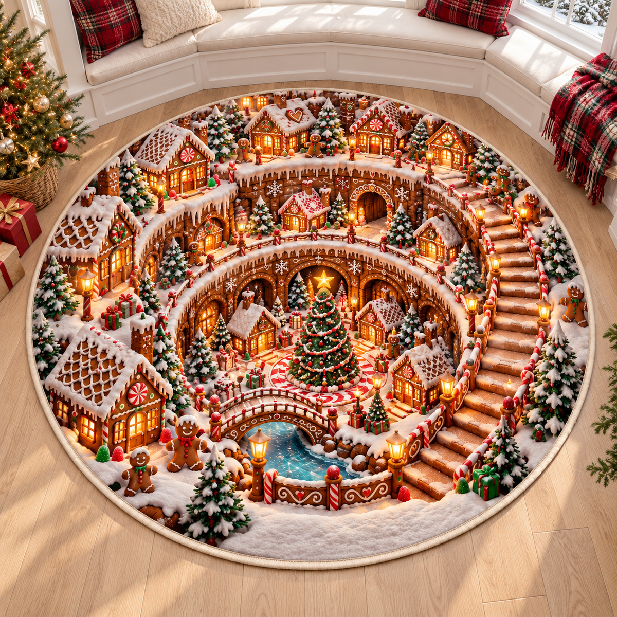 Gingerbread Village 3D Illusion Round Rug, Candy Cane Christmas Floor Mat, Winter Wonderland Area Carpet, Festive Holiday Home Decor 9bfa1773-8b71-4702-8628-4e558054e02d-Gingerbread-Wonderland-Rug-by-a-Bay-Window-3.png