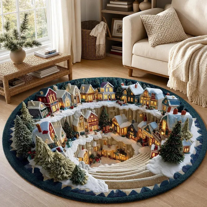 Snow Town Spiral Staircase 3D Round Rug, Christmas Snowy Village Vortex Optical Illusion Floor Mat, Non Slip Xmas Decor, Christmas Gift 9c14b068-14c0-4b42-aaae-db15cb20e051-fghhhg-2-.webp
