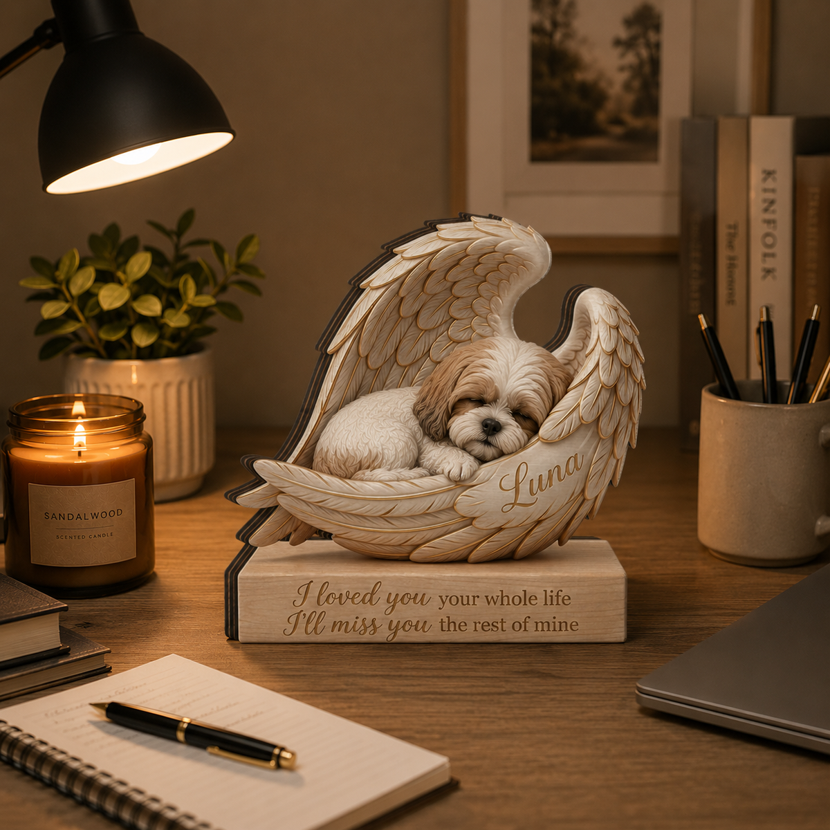 Personalized Wood Shih Tzu Memorial Block: Custom Angel Wing Dog Portrait Stand, Pet Sympathy Gift