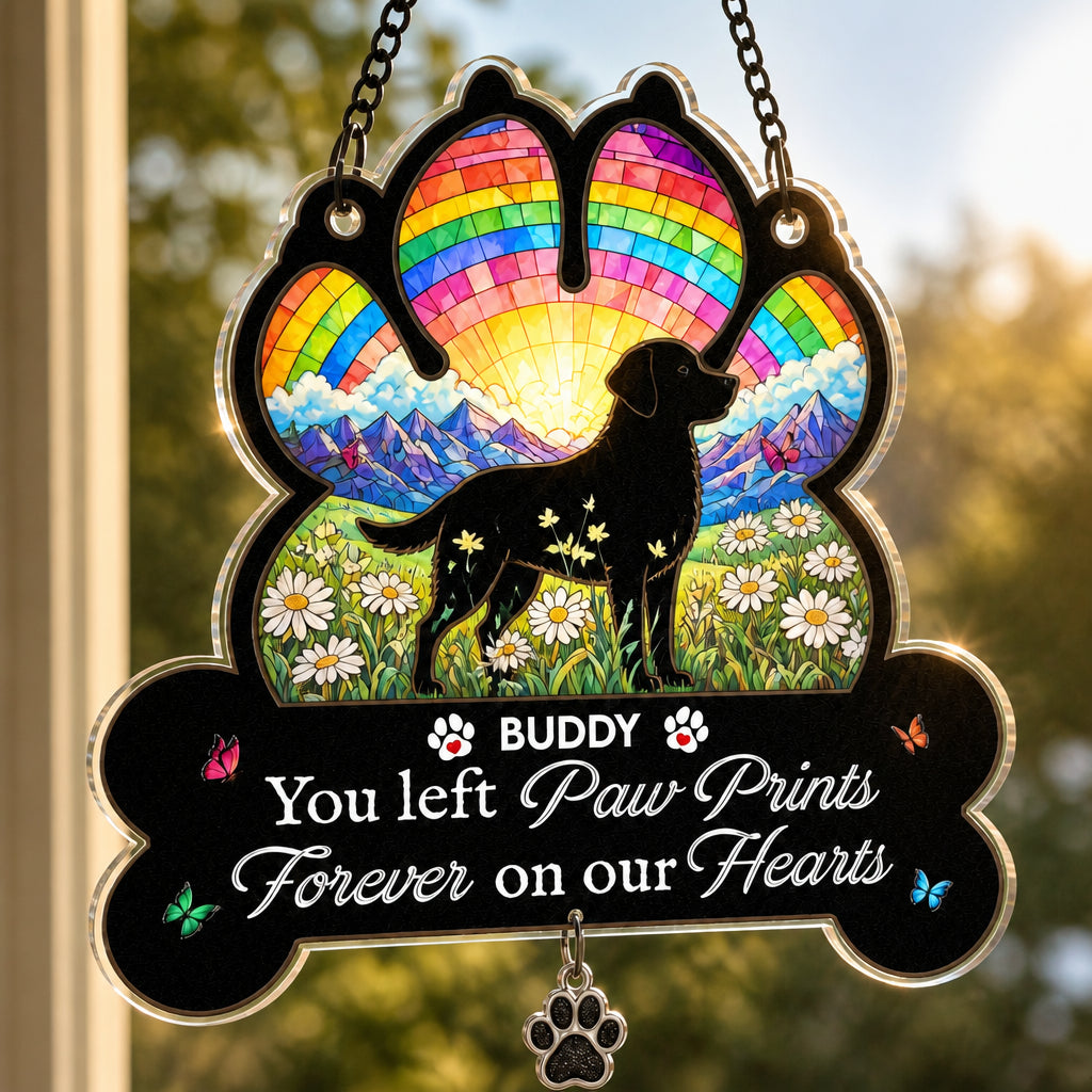 Pet Memorial Rainbow Suncatcher — Paw Prints on Our Hearts - Personalized 1 Layered Suncatcher with Charm 9c8a3897-efca-4725-9367-165bbf1176ee.jpg