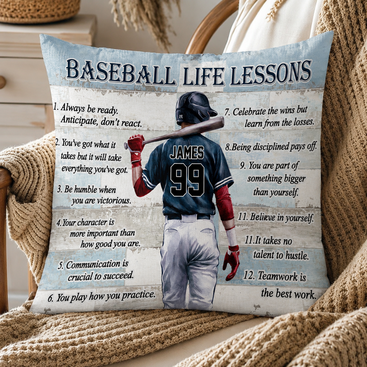 Baseball Life Lessons Custom Pillow - Personalized Motivational Sports Art for Players and Fans