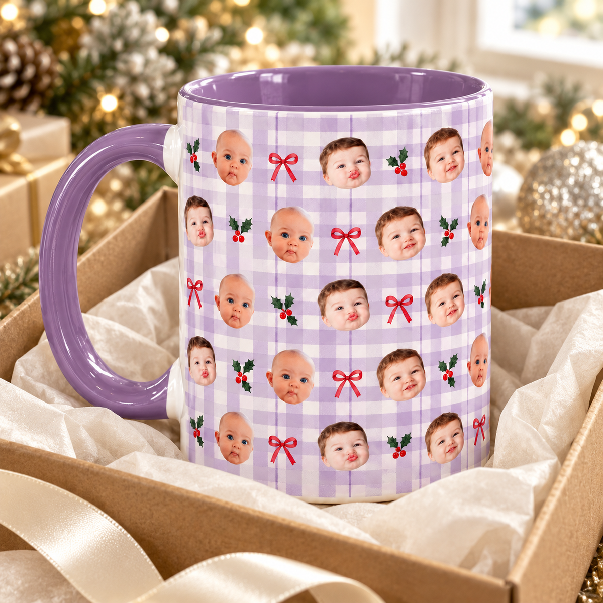 Personalized Christmas Photo Mug, Custom Baby Face Coffee Cup with Pink Plaid, Bows and Holly, Holiday Gift for Mom and Grandma 9d0999f9-7d5f-42cd-8b57-3d2720f967dd-Personalized-Lavender-Plaid-Christmas-Mug-3.png