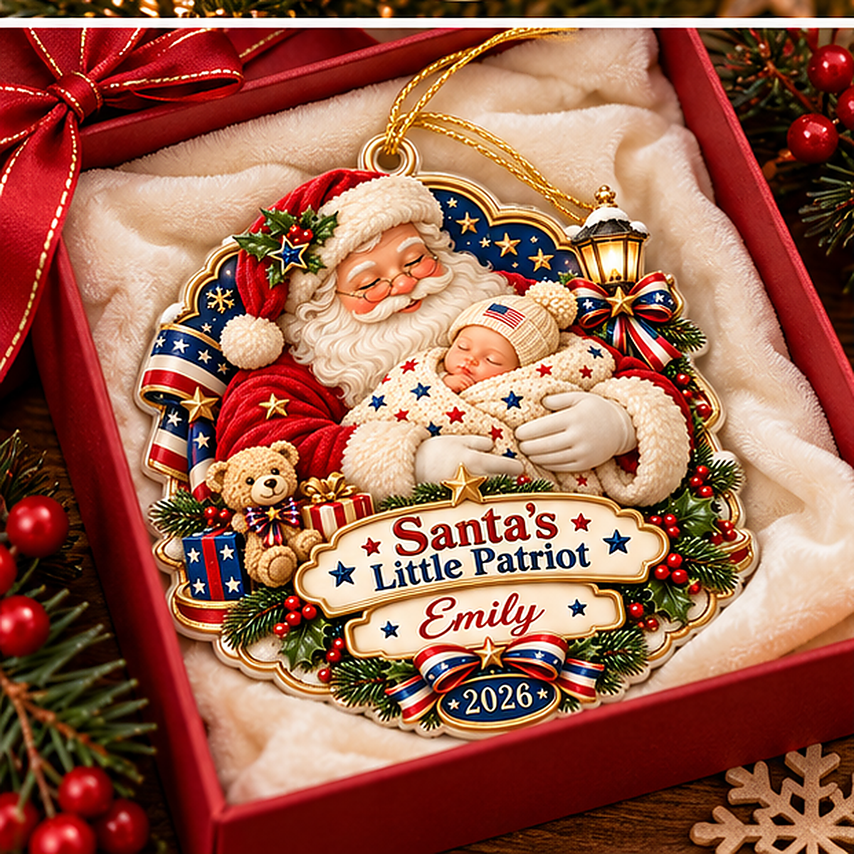 Personalized Santa's Little Patriot Baby's First  Christmas 3D Ornament 2026 – Santa Holding Baby Patriotic Keepsake Gift 9d1e4c0b-6cad-4961-ade4-cde43d7a33c5-Santas_Little_Patriot_Emily_2026_03_Gift_Box_1200x1200.png